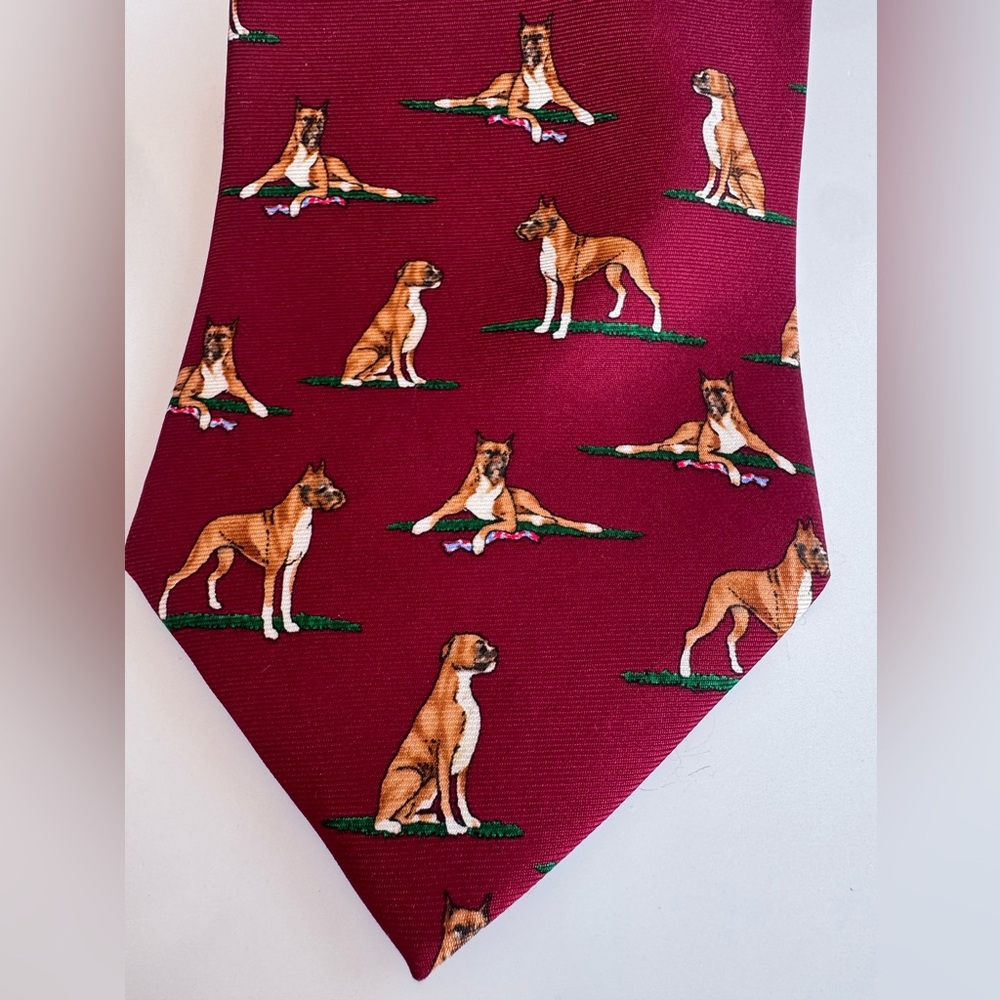 Vintage Alynn Neckwear 100% Silk Made in U.S.A Toe “Boxer” Dog Breed Red Tie
